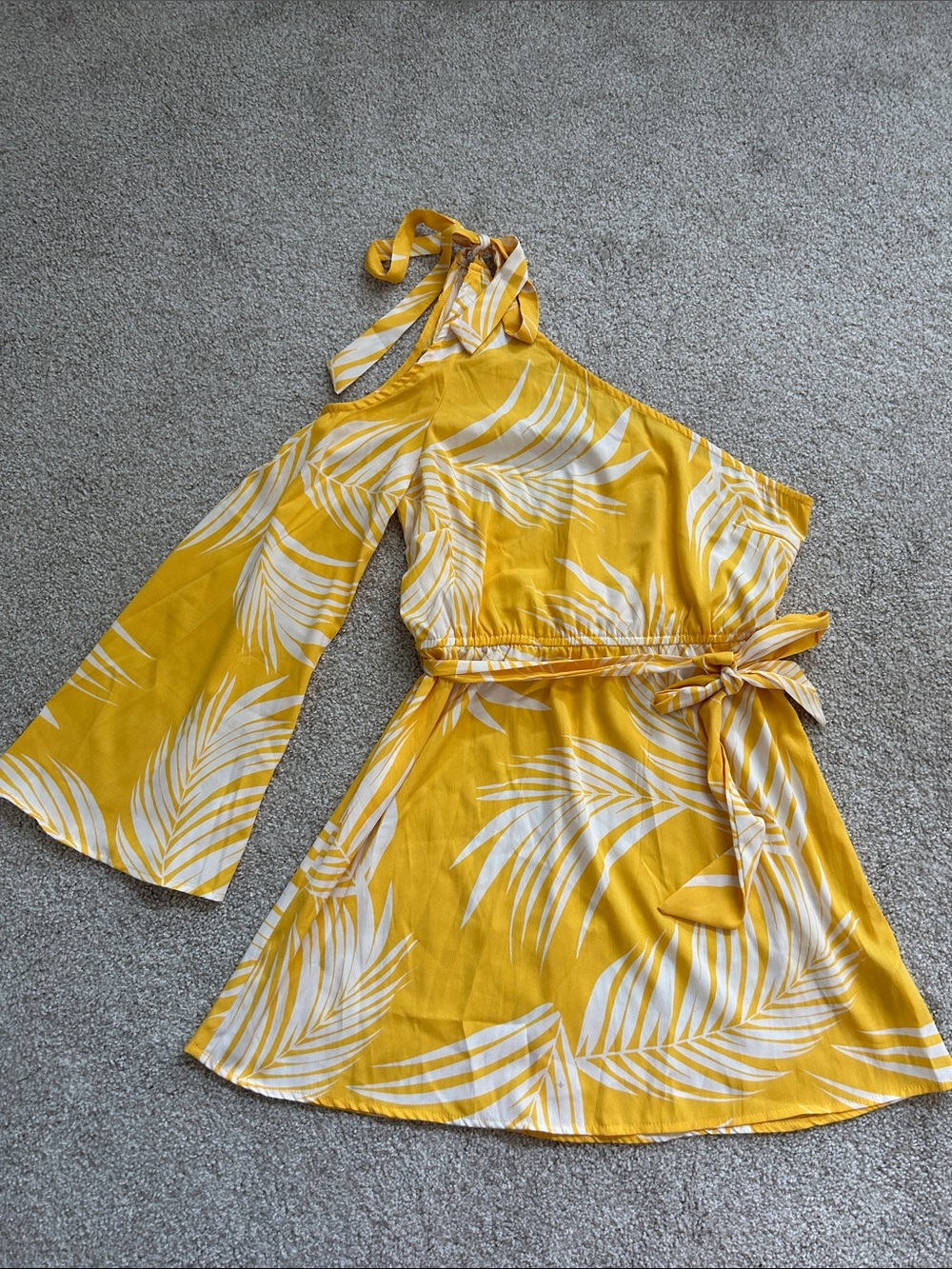 ASOS Yellow and White Palm-Print One-Shoulder Swim Coverup